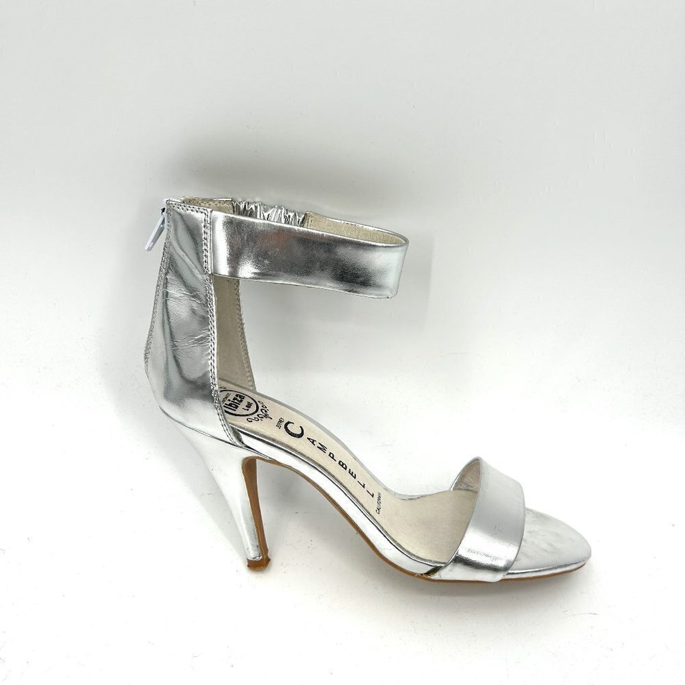 JEFFREY CAMPBELL Handmade Ibiza Silver Metallic Ankle Strap Zip Back Heels 7.5
